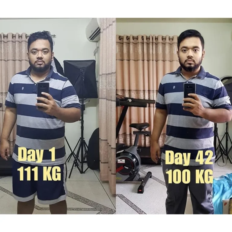 Before and after photo of an Xtreme Fitness & Diet Solution client — 111 kg to 100 kg in 42 days