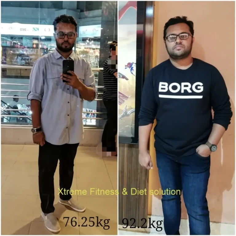 Before and after photo of an Xtreme Fitness & Diet Solution client — 76.25 kg to 92.2 kg
