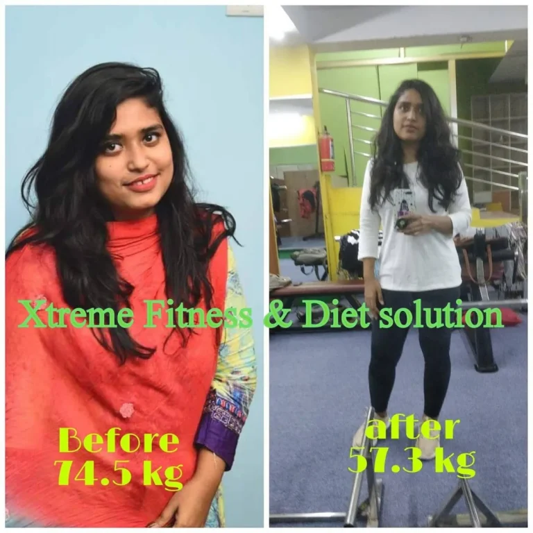 Before and after photo of an Xtreme Fitness & Diet Solution client — 74.5 kg to 57.5 kg