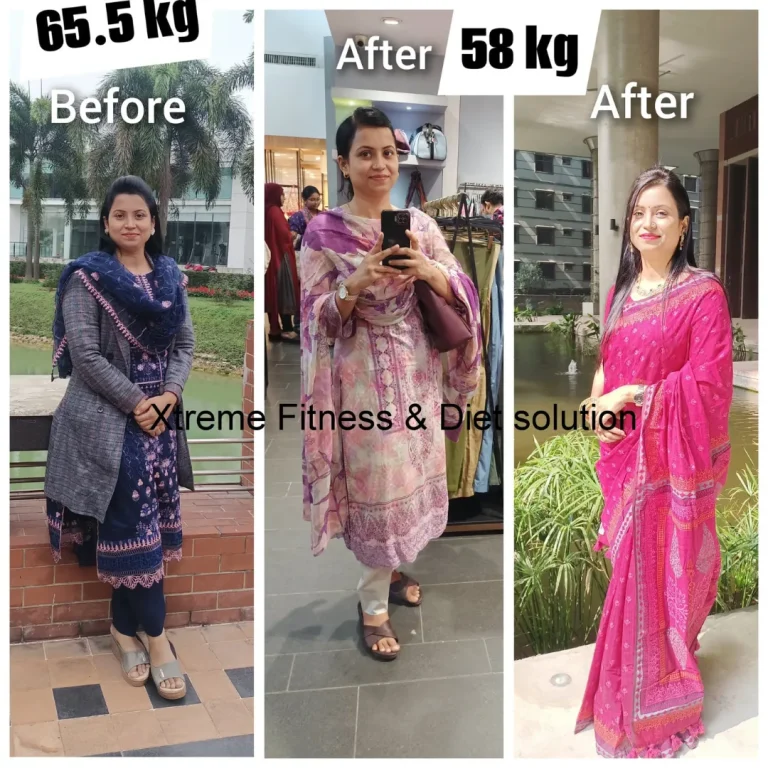 Before and after photo of an Xtreme Fitness & Diet Solution client — 65.5 kg to 58 kg
